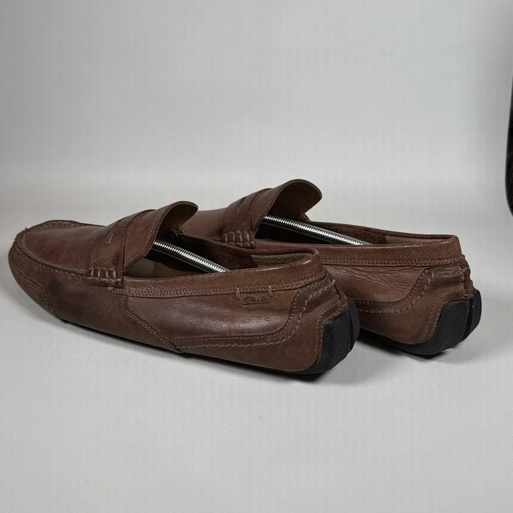 Clarks Men's Brown Leather Penny Loafers Slip On Moc Toe Casual Dress Shoes 13